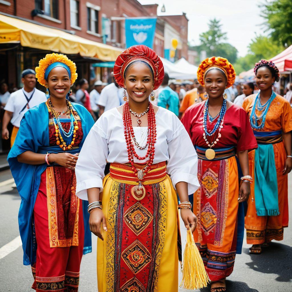 A vibrant community gathering featuring diverse people of various cultures proudly displaying their heritage through traditional clothing, symbols, and foods, standing together in unity. The background shows a lively street festival adorned with colorful decorations and banners promoting social responsibility. The scene captures the essence of cultural pride transforming into social solidarity. warm colors. painting. uplifting atmosphere.
