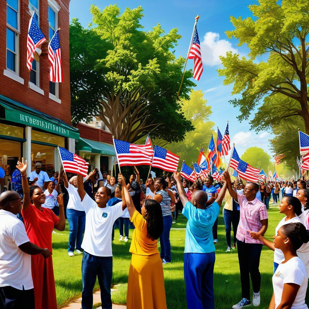 A diverse group of people, united in a vibrant community setting, proudly holding national flags and symbols of civic duty. They are engaged in various community activities like planting trees and painting murals, radiating joy and togetherness. In the background, a historic landmark reflects their rich heritage, while dynamic rays of light symbolize hope and unity. super-realistic. warm colors. lively atmosphere.