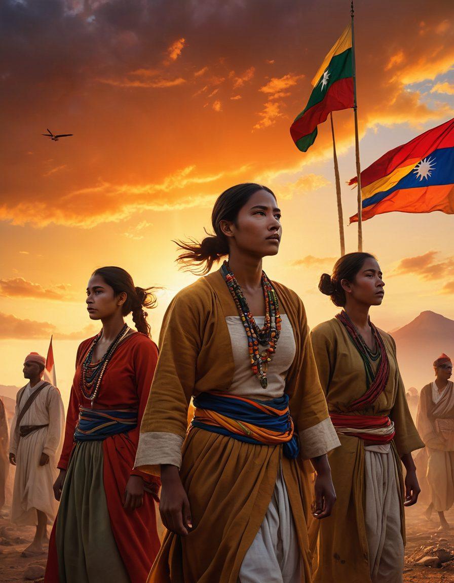 A powerful and emotive scene depicting a diverse group of freedom fighters standing together, each wearing traditional attire from different cultures, symbolizing unity. The backdrop features a vibrant, stylized national flag fluttering in the wind, evoking a sense of pride and loyalty. In the foreground, a glowing silhouette of a historical monument represents their sacrifices, while rays of light illuminate their faces, reflecting determination. The sky transitions from dawn to dusk, symbolizing the enduring legacy of their fight. super-realistic. vibrant colors. dramatic lighting.